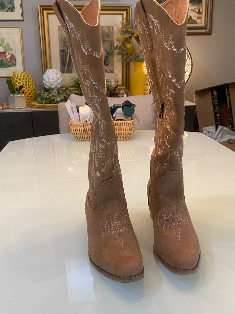 Tan Suede Embroidery Tall Western Cowgirl Boots Size 7